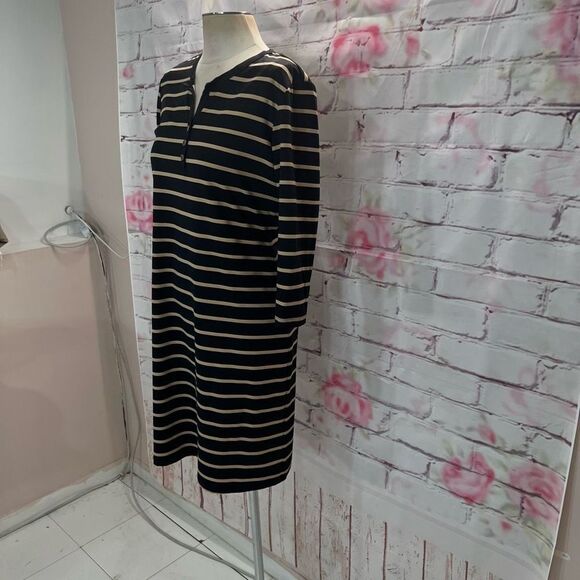 J. Mclaughlin Women's 3/4 Sleeves Black Tan Stripes Quarter Button Casual Dress - Picture 3 of 10